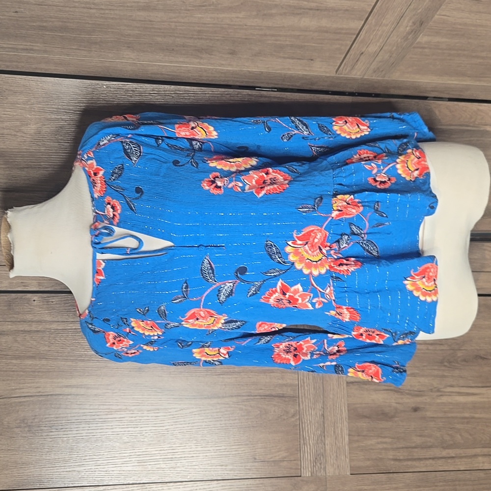 Loft Women's Blue Floral Tie-Neck Blouse Peplum Floral